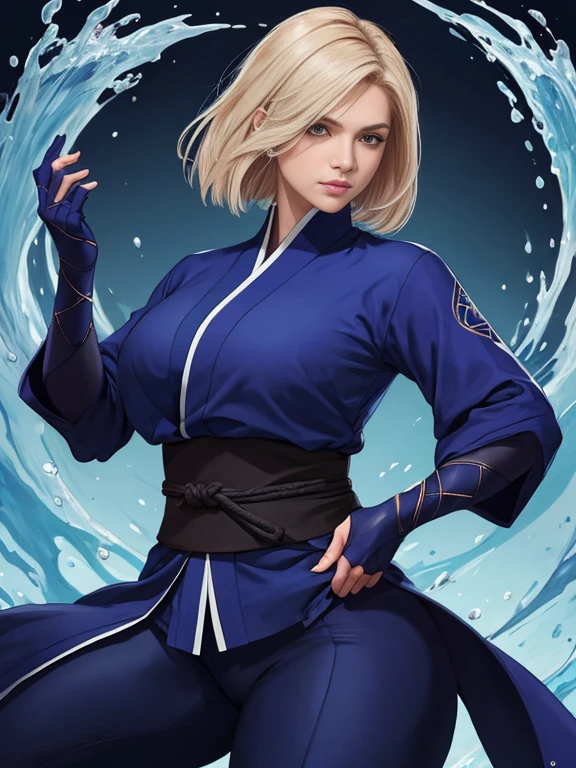 Mujer rubia Francesa cabello ondulado Kunoichi cuerpo firme senos perfectos traje de ninja azul usando ninjutsu de agua