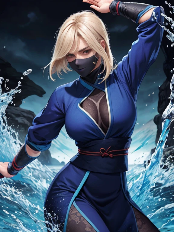 Mujer rubia Francesa cabello ondulado Kunoichi cuerpo firme senos perfectos traje de ninja azul usando ninjutsu de agua