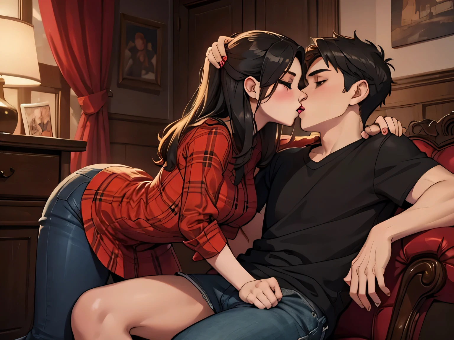 Young sexy girl wearing a red dress sitting on lap of young boy wearing a red and black flannel shirt and jeans who is sitting on a chair, kissing, making out, passionately, dim lighting, sexy, hot, lustful