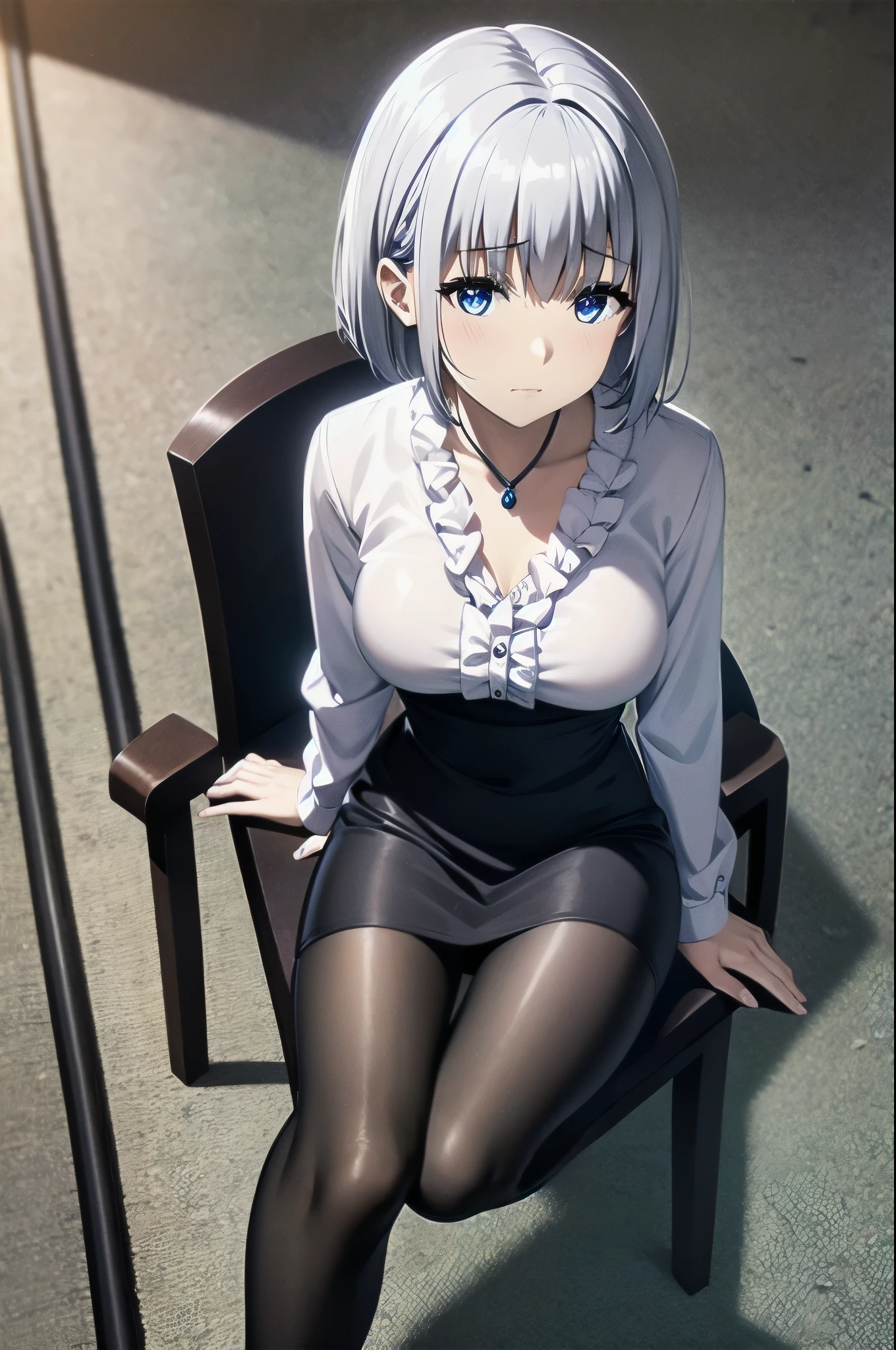 1girl,silver hair,,short hair, blue eyes,white shirt,collarbone,clavage,frills,black mini skirt,sitting in the office,full body,crossed legs