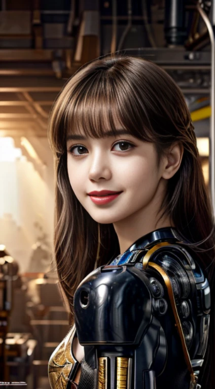 Virtual image,Realistic 8K images,,,Masterpiece,Complete Anatomy,Complete dynamic composition,morning sun,Light hits the front,young woman with long brown hair,sweet smile,smile at the corner of the mouth,cybernetic robot,Bikini body - white_orange_gold_metal, ,The background is the remains of a large robot machine..,The gears of large machines also rotted..