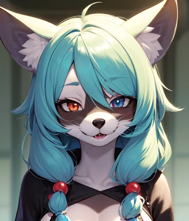 (fluffy anthro furry:1.3), furry raccoon, (Michiru:1.1), small breasts, 1girl, solo, blue hair, (multicolored eyes:1.3), fox ears, portrait