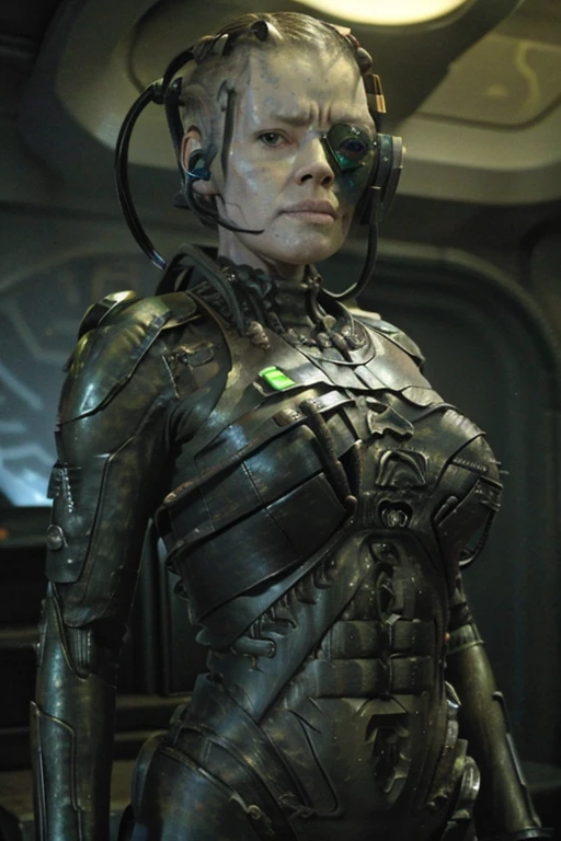 Black woman wearing blue sttldunf uniform,veins,borg,cable, metal armor, sharp focus, eyepatch,eyepatch,cable,luma,rosalina,detailed face,detailed eyes,detailed lips,metal texture,sci-fi,glowing lights jamesdaly artstyle,
, borg queen, alien, cyborg, veins, bald, gray skin, cable, metal armor, sharp focus, scifi starship background,  