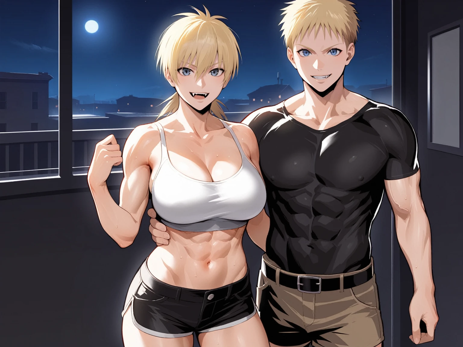 score_9, score_8_up, source_anime, standing, hellsing, seras, blonde hair, nude, indoors, night, night sky, nighttime, vampire, smirk, fangs, ikuchan, balcony, town background, clothed, wearing shorts, crop top, abs, muscular female, muscular male, large breasts, boyfriend, couple, sfw, looking at viewer, faceless male, dark skinned male, cuckold pov, ntr, netorare, standing side by side, standing, cuckolding, cuck, 1girl, 1boy, duo, ((duo focus))