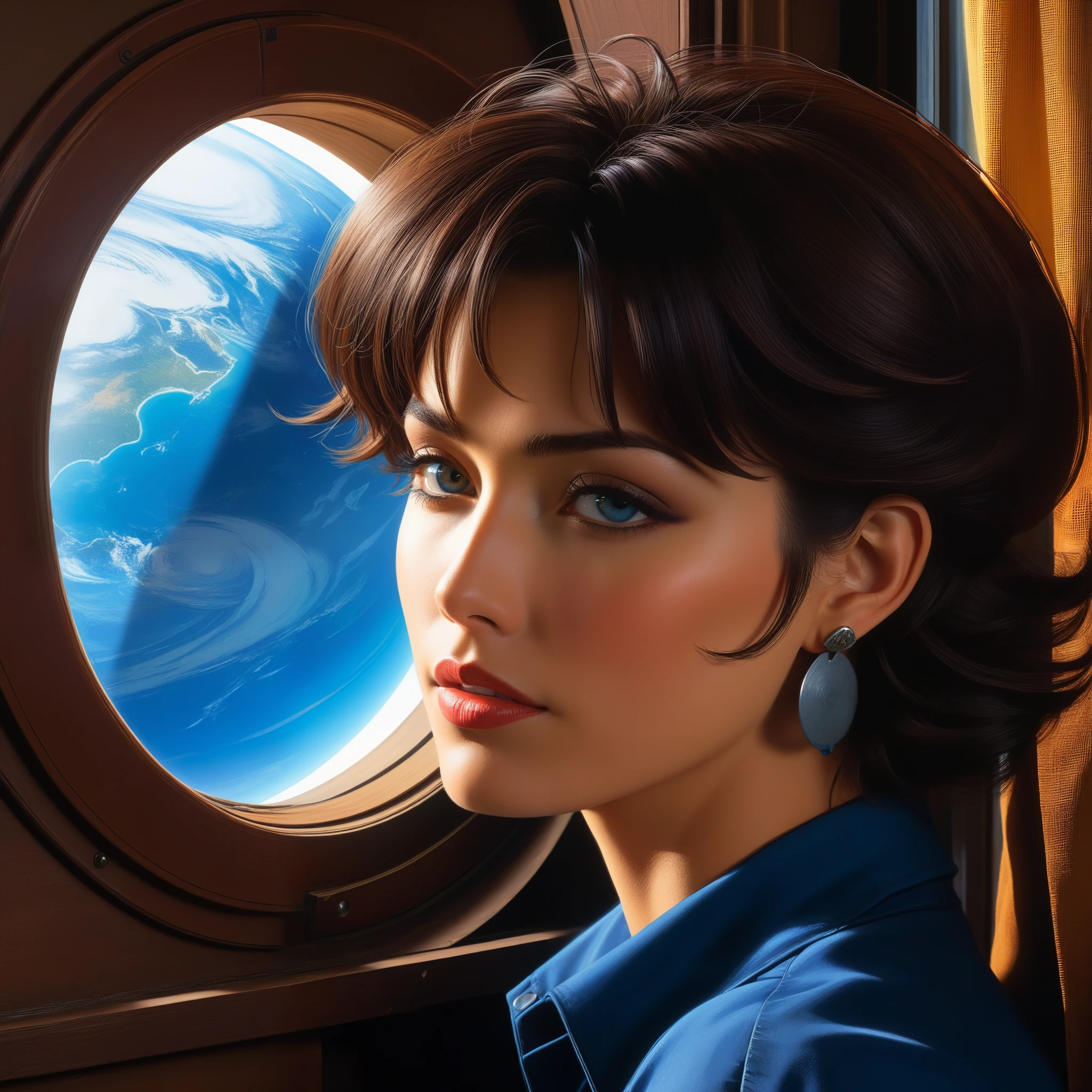 (Best Quality, Masterpiece, High Resolution, HD, Super Detail, Official Art, Realistic), Cowboy Bebop, Short Brunette, Rugged Countenance, Piercing Eyes, Cowboy Dress, Cowboy Hat, Revolver, Behind a Large Round Window (Outside the Window is the Giant Blue Planet),