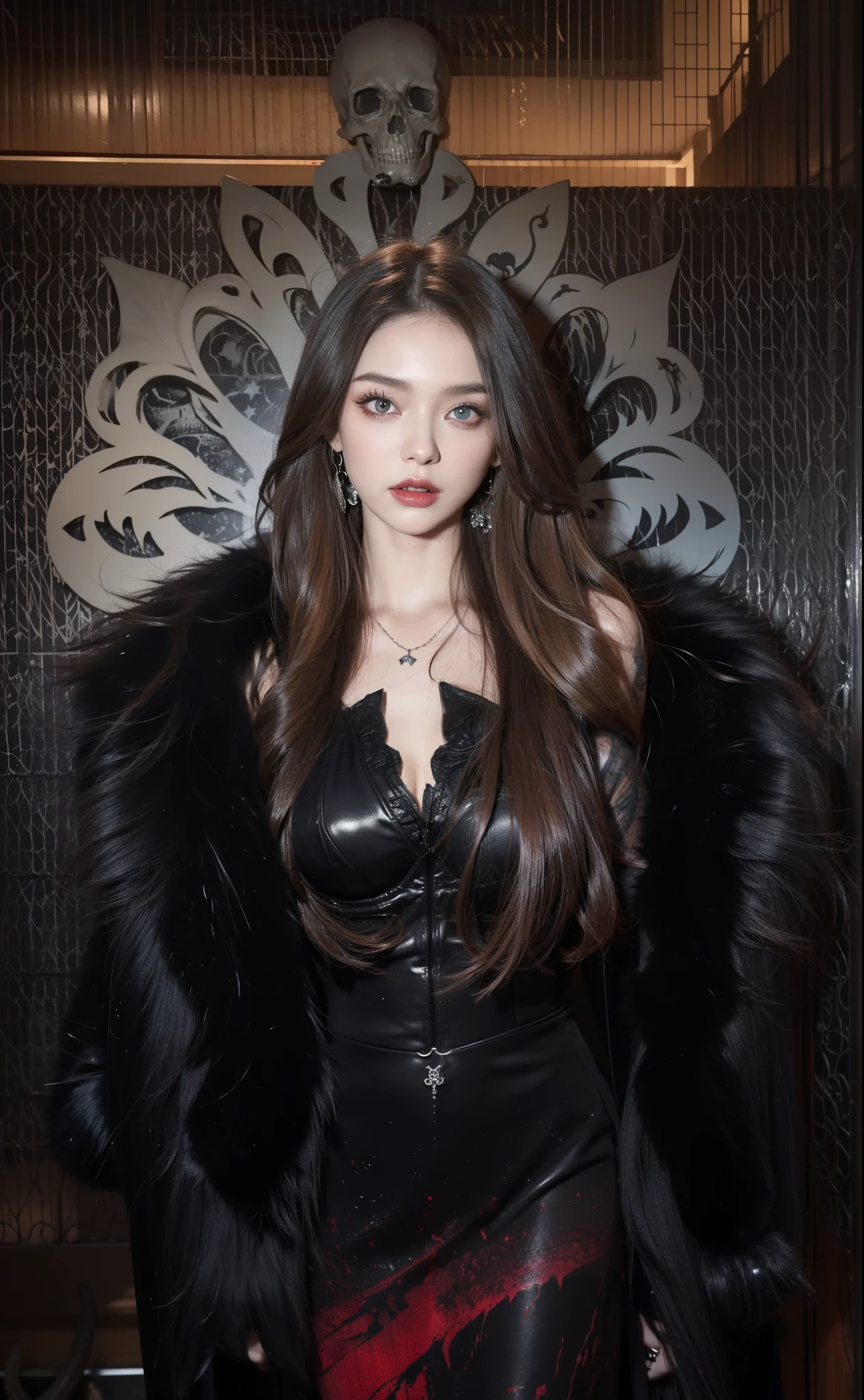 Detailed image quality，pandora witch，wing, Succubus Theme，堕落Angel，Excellent，scary，Secret Terror，Tentacles，With eyes，Uncanny Valley Effect，Blood Moon，skeleton，vampire，Hellfire，Dark Queen，Angel，magician magic witch，16岁Angel，eyes are blue(Pupils as deep as the starry sky)，Gorgeous tattoo designs all over the body，tattoo queen，gorgeous clothes(Rich in details)，Black fur coat