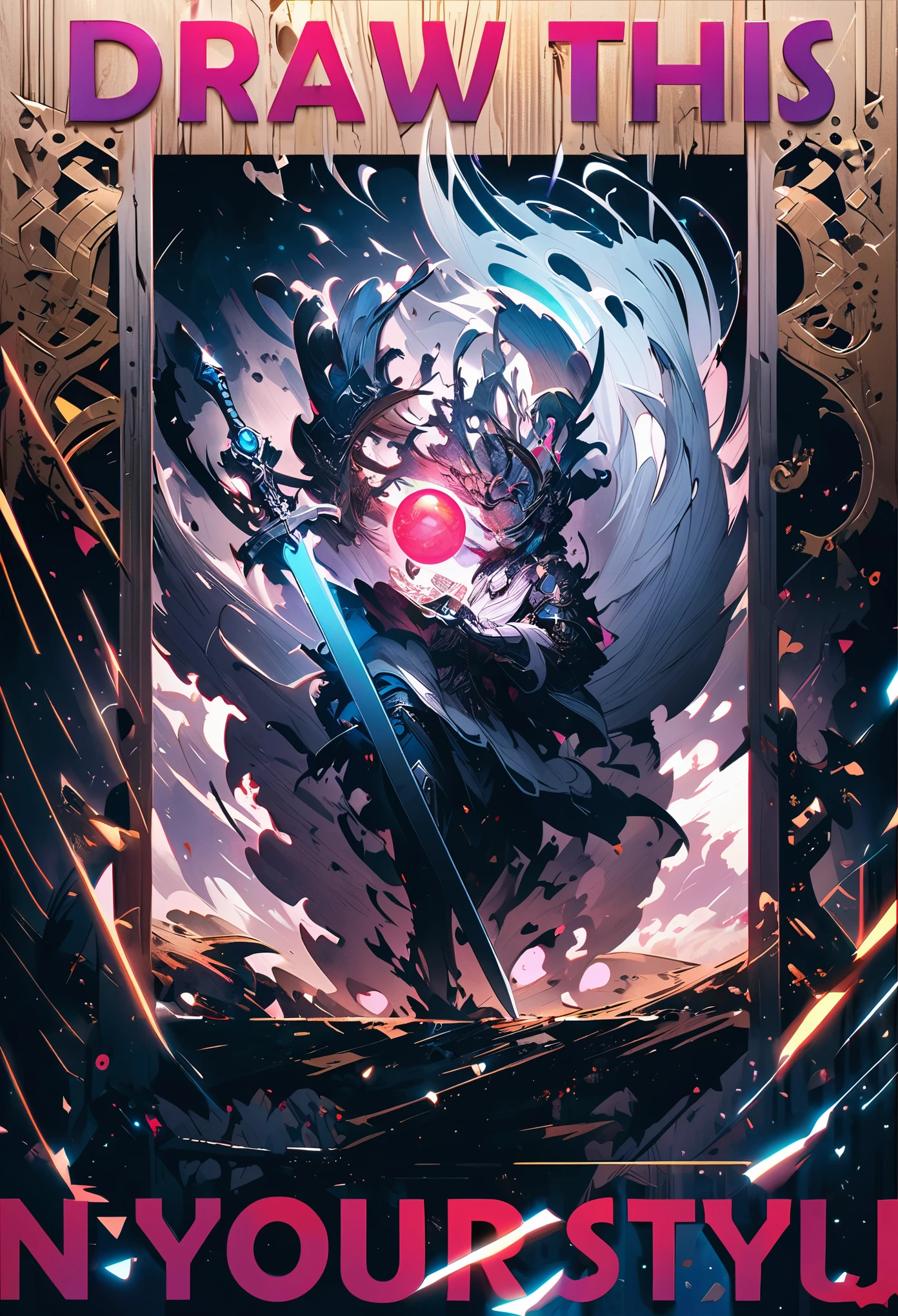  Masterpiece, high quality, extremely detailed, 8k,"Draw This" - A dark and enigmatic figure holds a long, shining sword. The figure is composed of various shapes and forms, including faces and hands emerging from its body. Above the figure's head, a glowing orb hovers, casting an ethereal light. The sword's blade is embedded into the ground, contrasting with the darker tones of the surrounding environment
