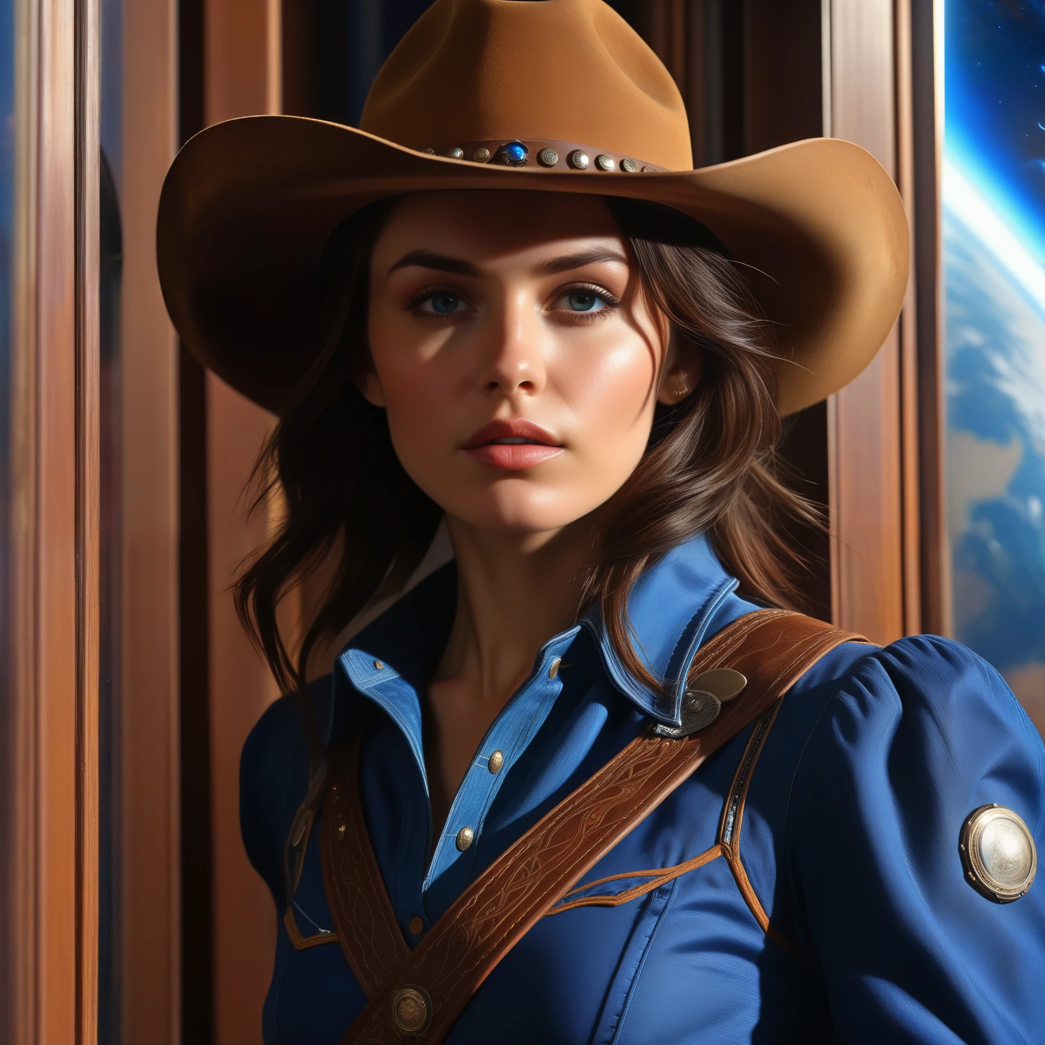 (Best Quality, Masterpiece, High Resolution, HD, Super Detail, Official Art, Realistic), Space Cowboy, Short Brunette, Rugged Countenance, Piercing Eyes, Cowboy Dress, Cowboy Hat, Revolver, Behind a Large Round Window (Outside the Window is the Giant Blue Planet),