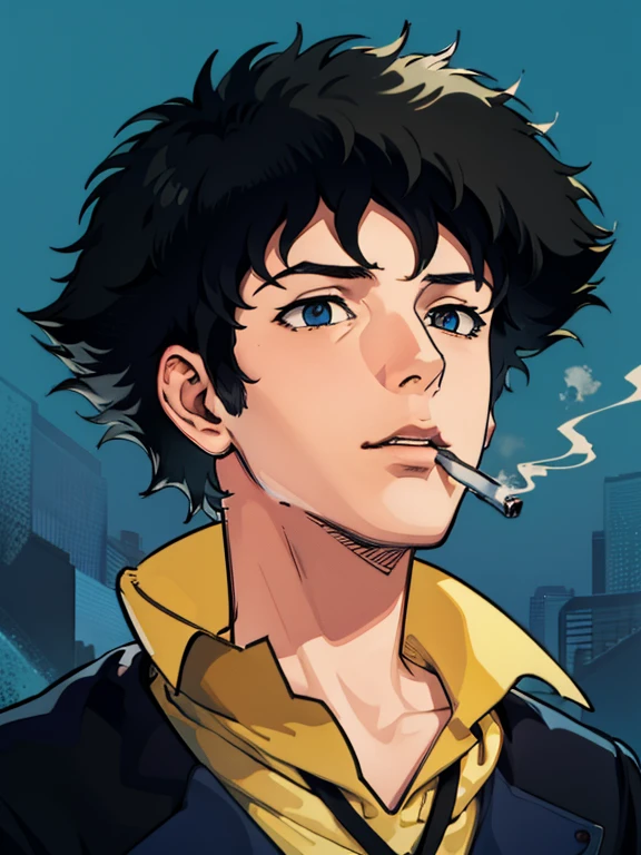 spikespiegel, formal, smoking, incredible art, great quality, poster, vector style, portrait, space background, multi colors image, UHD wallpaper