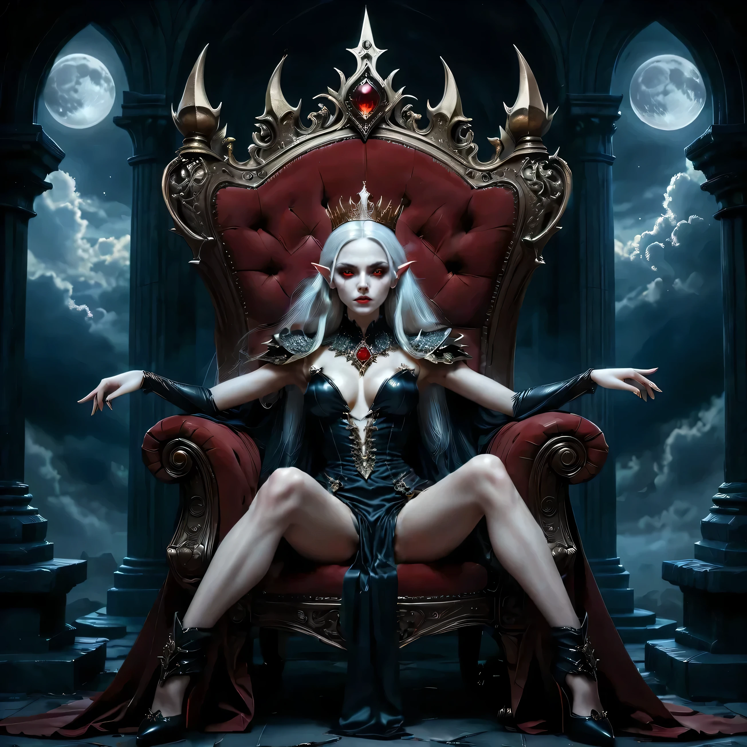 dark fantasy art, gothic art, (masterpiece:1.5), (masterpiece:1.5), full body best details, highly detailed, best quality, highres, full body portrait of a skinny vampire in high heels, elf (Masterpiece, best quality, ultra feminine: 1.5) with a long curvy hair, white color hair, red eyes (fantasy art, Masterpiece, best quality: 1.3), ((beautiful delicate face)), Ultra Detailed Face (intricate details, fantasy art, Masterpiece, best quality: 1.5), [anatomically correct] red cloak, flowing cloak (intense details, fantasy art, Masterpiece, best quality: 1.3), wearing an intricate leather [black] dress (intricate details, gothic art, Masterpiece, best quality: 1.5), high heeled boots, blood dripping on lips, urban background (intense details, beat details), fantasy, at night light, natural ,moon light, soft moon light, moon rays, clouds, gothic atmosphere, gothic throne room background, soft light, dynamic light, [[anatomically correct]], high details, best quality, 16k, [ultra detailed], masterpiece, best quality, (extremely detailed), dynamic angle, ultra wide shot, RAW, photorealistic, wearing a golden gothic crown, full body, high heels, long elf ears, spread legs, black spiky big throne, transparent clothing between the legs, no underwear, luring gesture, big breasts
