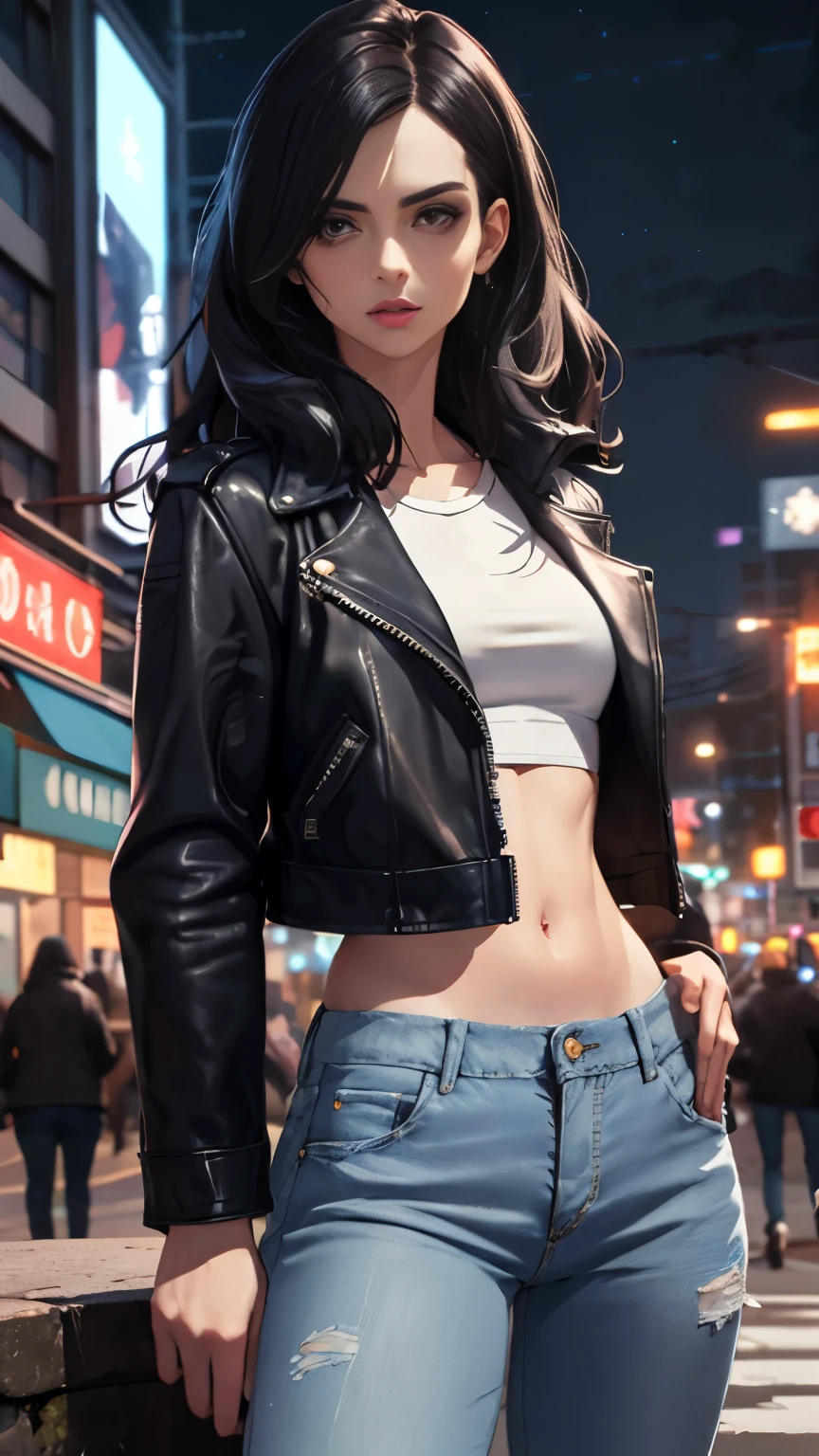 (Highly quality, masterpiece, detailed), night city detailed scenario, night city detailed background, solo, jessicajones, black hair, long hair, black leather jacket, jeans, white crop top, navel, perfect face, beautiful eyes, looking at the viewer, Sexy pose