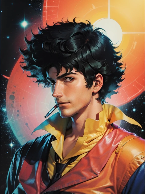 spikespiegel, formal, smoking, incredible art, great quality, poster, vector style, portrait, space background, multi colors image, UHD wallpaper