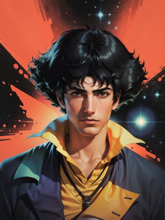spikespiegel, formal, smoking, incredible art, great quality, poster, vector style, portrait, space background, multi colors image, UHD wallpaper