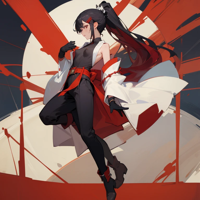 ((highest quality)), ((masterpiece)), (Become familiar with),  1 girl, alone, Black Hair,ponytail,White kimono,black sleeveless,red hair clip,Red belt, ,slender,Long Hair,Small breasts, gloves,boots, Erect nipples,Wrap a cloth around your chest