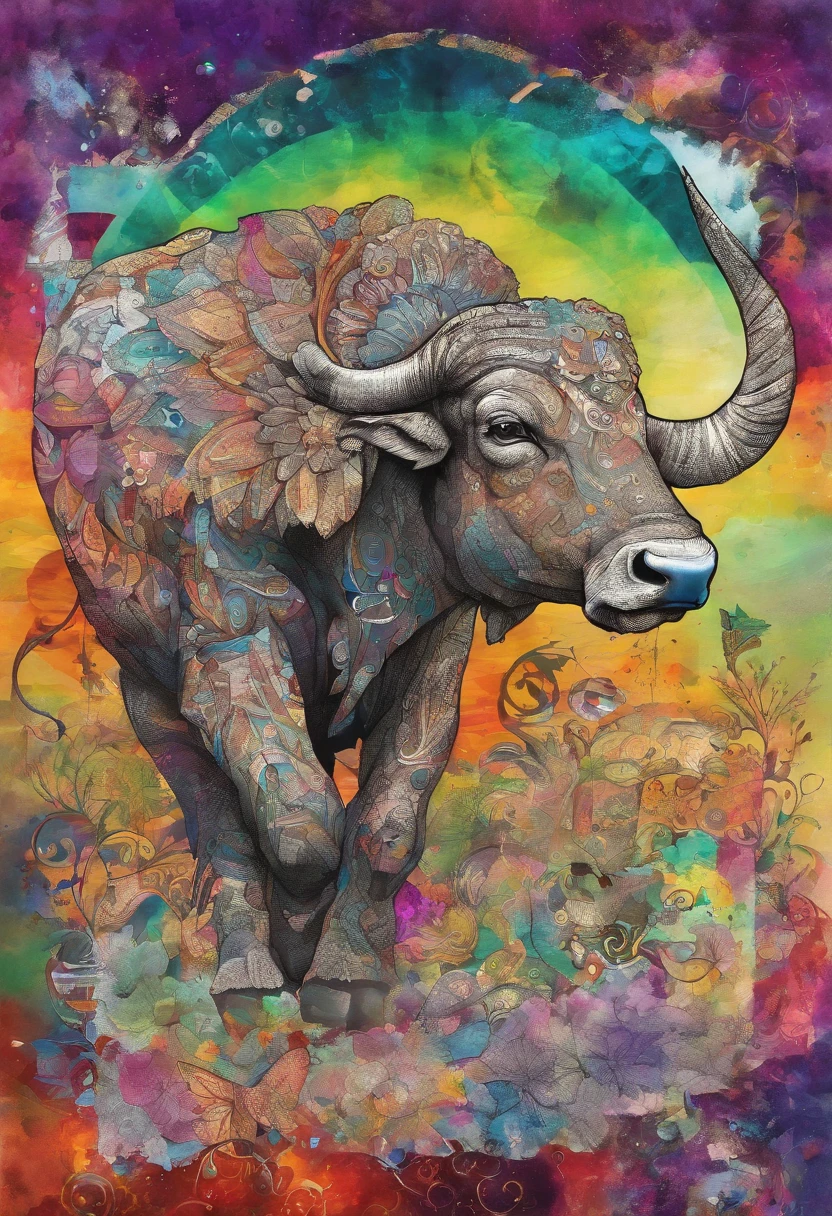 Taureau chargeant, ciel, radeau de la méduse ::2 colorful ink painting ::2 art fantasy