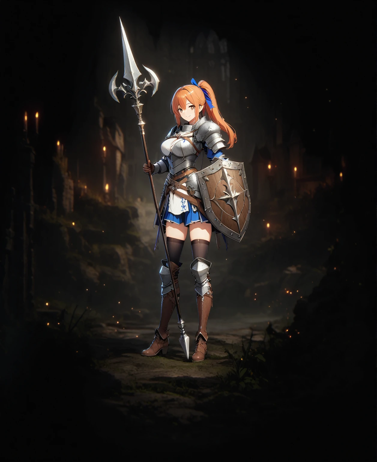 1girl, solo, shield, weapon, thighhighs, polearm, gloves, boots, long-hair, (((Medieval_background))), armor, brown-gloves, ponytail, orange-hair, full-body spear, ribbon, holding, holding-weapon, looking-at-viewer, hair-ribbon, black-thighhighs, brown-footwear, smile, brown-eyes, shirt, yellow-eyes, standing, shorts, knee-pads, blue-ribbon, belt, shoulder-armor, white-shirt, vest, approximate image, ((big boobs) 1.1), (perfect-face)