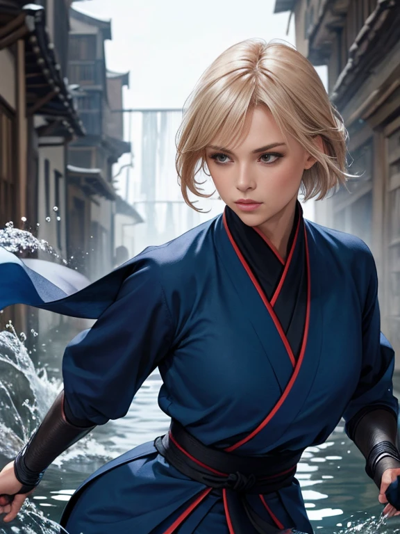 Mujer rubia Francesa cabello ondulado Kunoichi cuerpo firme senos perfectos traje de ninja azul usando ninjutsu de agua 