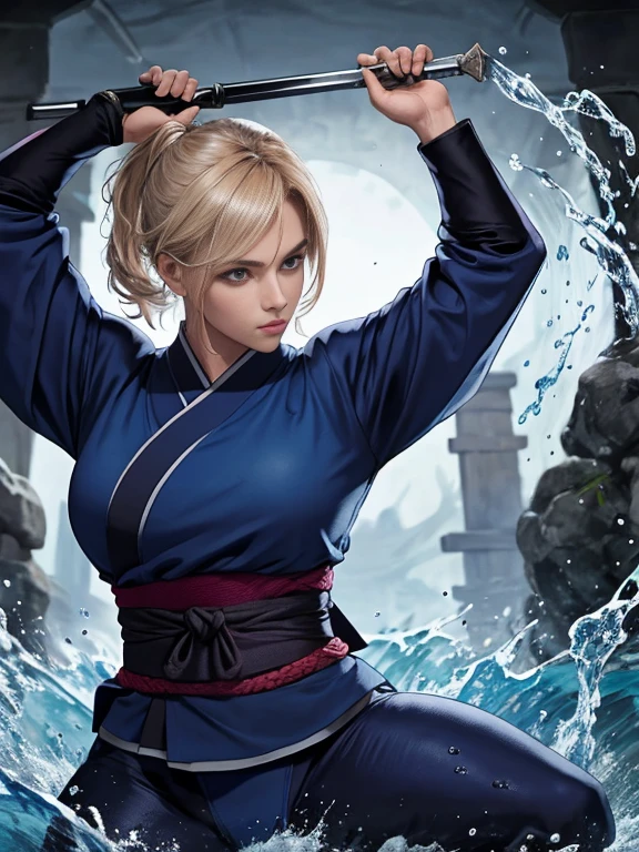 Mujer rubia Francesa cabello ondulado Kunoichi cuerpo firme senos perfectos traje de ninja azul usando ninjutsu de agua 