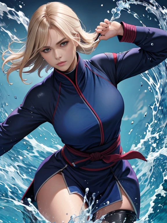 Mujer rubia Francesa cabello ondulado Kunoichi cuerpo firme senos perfectos traje de ninja azul usando ninjutsu de agua 