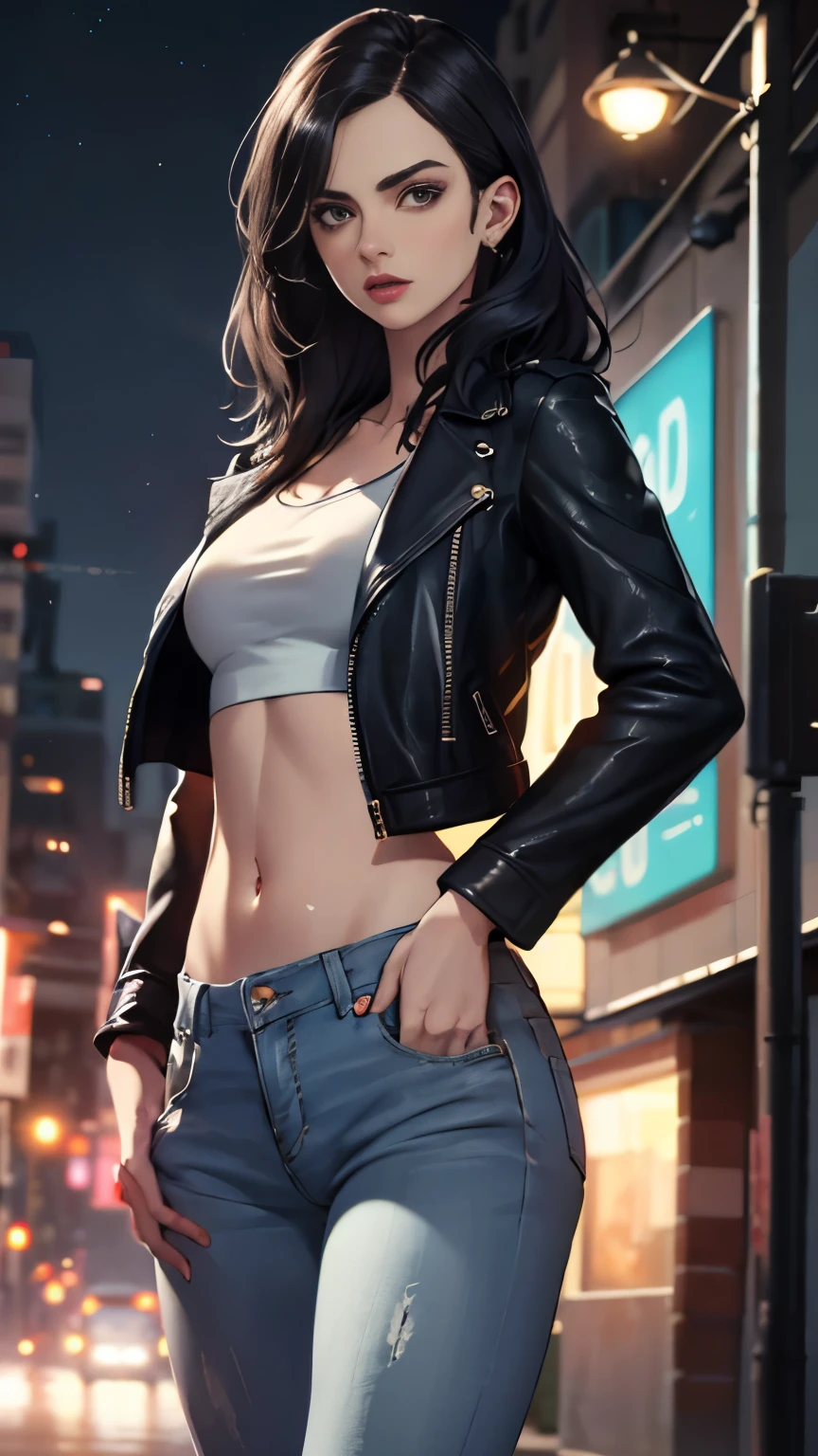 (Highly quality, masterpiece, detailed), night city detailed scenario, night city detailed background, solo, jessicajones, black hair, long hair, black leather jacket, jeans, white crop top, navel, perfect face, beautiful eyes, looking at the viewer, Sexy pose