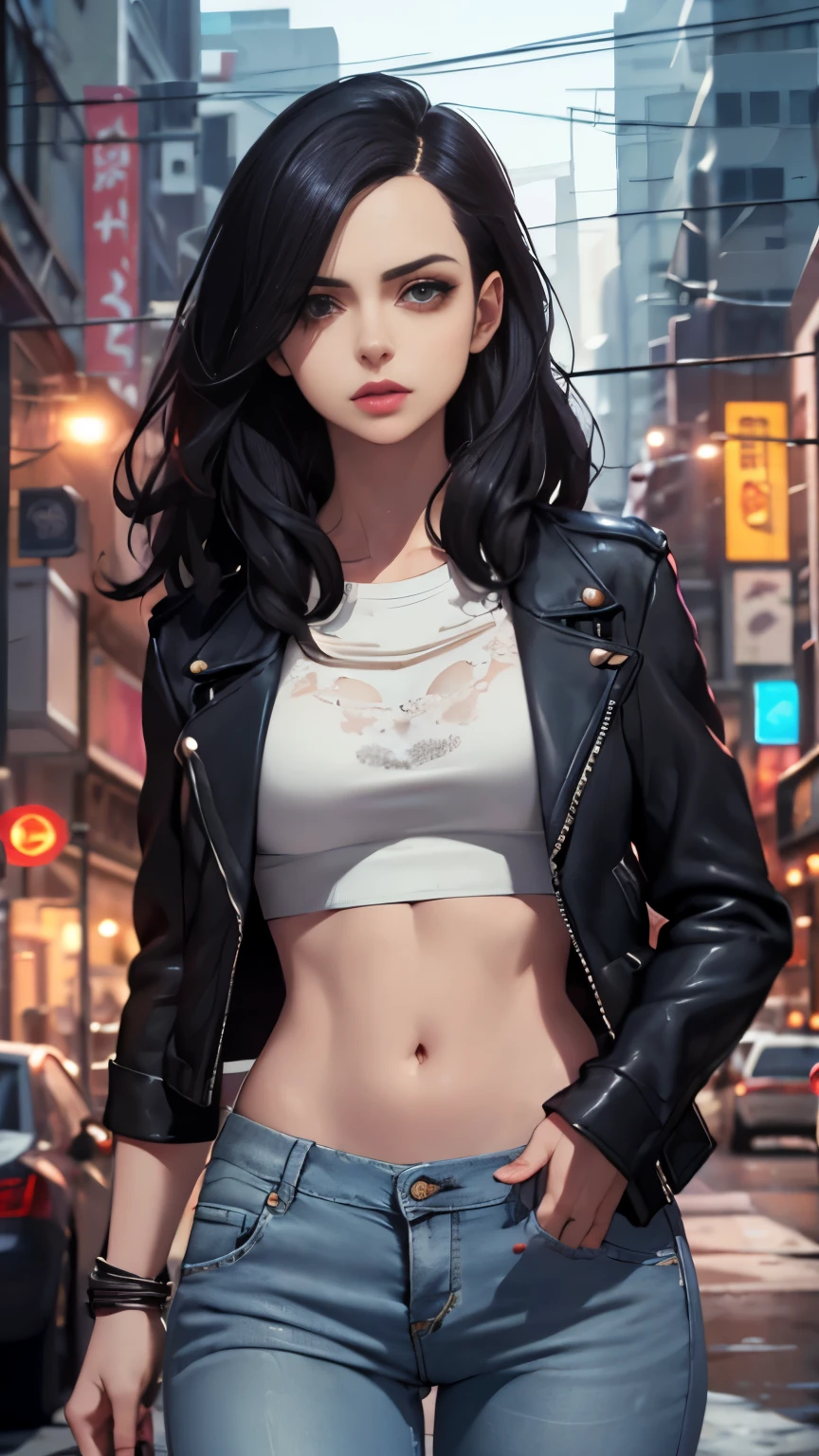 (Highly quality, masterpiece, detailed), night city detailed scenario, night city detailed background, solo, jessicajones, black hair, long hair, black leather jacket, jeans, white crop top, navel, perfect face, beautiful eyes, looking at the viewer, Sexy pose