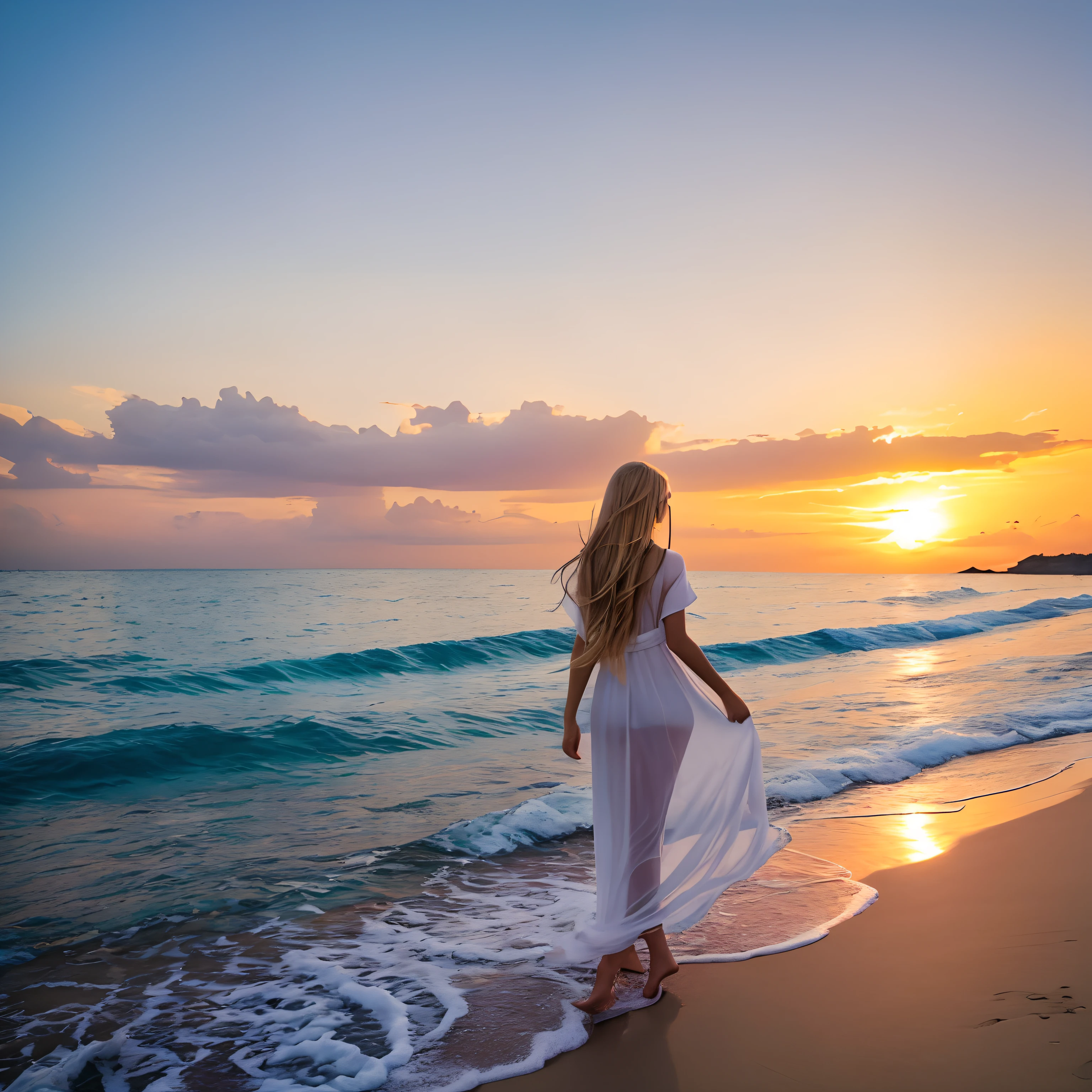 Beautiful beach at sunset、Goddess like a model、Beautiful blonde god々Angel、Perfect slim style、Perfect good looks、Sheer white clothes with a lot of exposure、Island in the distance