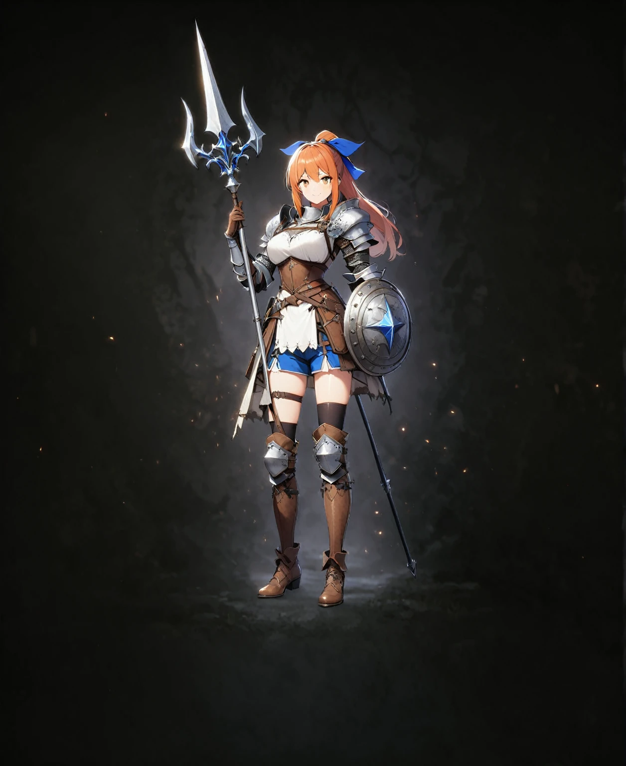 1girl, solo, shield, weapon, thighhighs, polearm, gloves, boots, long-hair, (((Medieval_background))), armor, brown-gloves, ponytail, orange-hair, full-body spear, ribbon, holding, holding-weapon, looking-at-viewer, hair-ribbon, black-thighhighs, brown-footwear, smile, brown-eyes, shirt, yellow-eyes, standing, shorts, knee-pads, blue-ribbon, belt, shoulder-armor, white-shirt, vest, approximate image, ((big boobs) 1.1), (perfect-face)