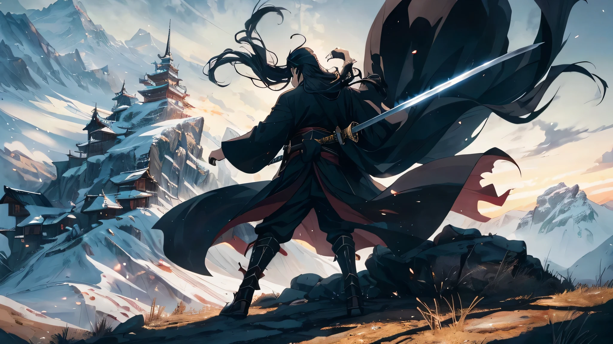 Create a swordsman, with long black hair flowing down his back, a black kimono swaying gently in the wind, shadows swallowing half of his heroic figure on the summit of a towering mountain. His intense gaze pierces through the darkness, adding to the anime style's ominous theme. Clenching the hilt of his sharp katana, the swordsman exudes an aura of invincibility and determination, light particles surround him as a masterpiece, high resolution, luxury goods, and detail-rich artwork. The katana, in pristine condition, reflects the stunning metallic sheen, casting dramatic shadows on the treacherous mountain terrain. With every breath, this ex