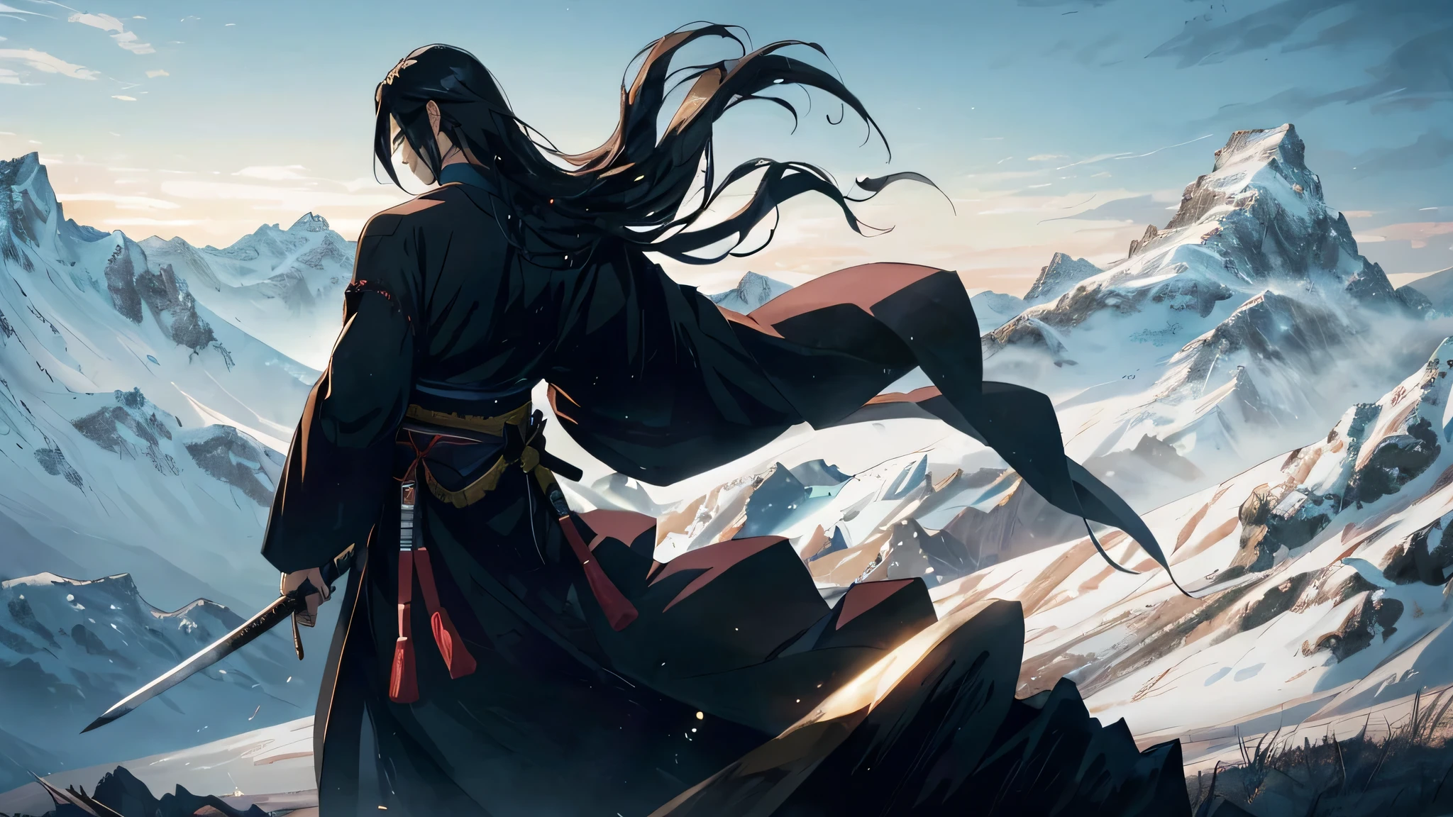 Create a swordsman, with long black hair flowing down his back, a black kimono swaying gently in the wind, shadows swallowing half of his heroic figure on the summit of a towering mountain. His intense gaze pierces through the darkness, adding to the anime style's ominous theme. Clenching the hilt of his sharp katana, the swordsman exudes an aura of invincibility and determination, light particles surround him as a masterpiece, high resolution, luxury goods, and detail-rich artwork. The katana, in pristine condition, reflects the stunning metallic sheen, casting dramatic shadows on the treacherous mountain terrain. With every breath, this ex