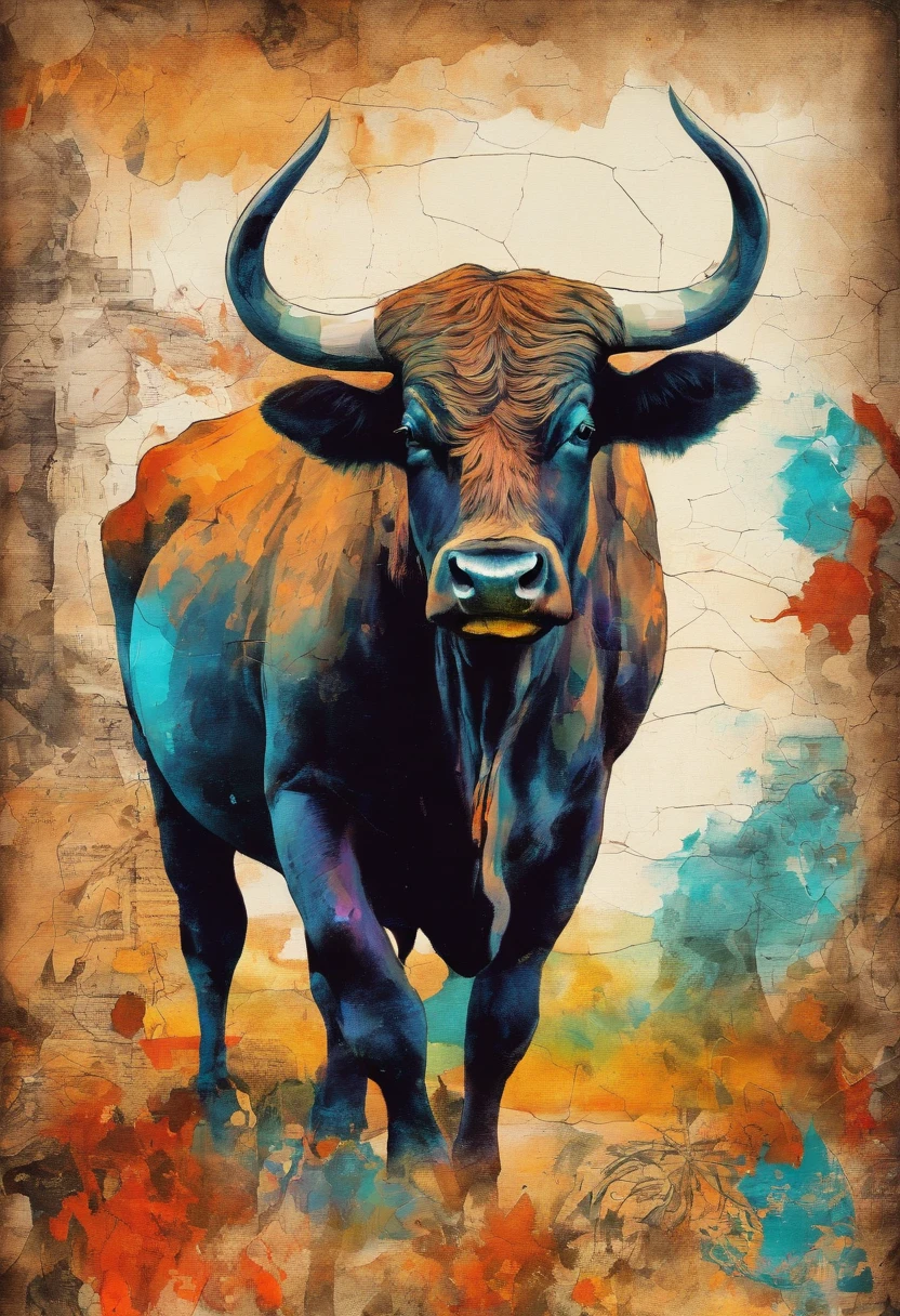 Taureau chargeant courant, scorched earth background ::2 colorful ink painting ::2 art fantasy