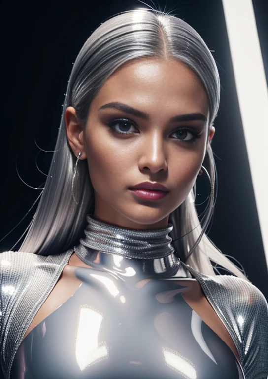 Beautiful woman in ultra shiny silver clothes, straight flat silver hair, full body view, abs, legs, belly button, crop top, Schminke, (glossy lips: 1.4), he-res, 8K