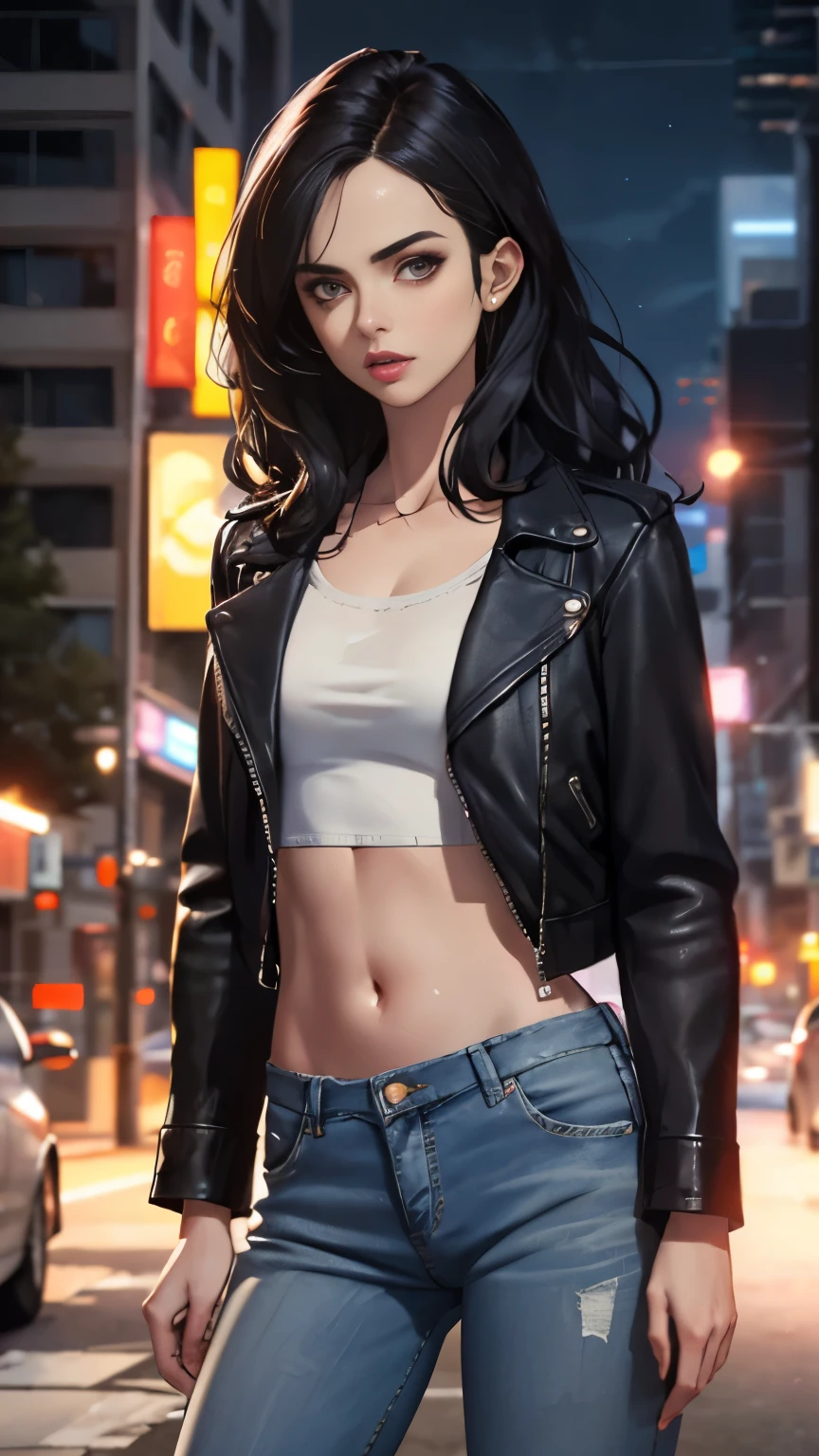 (Highly quality, masterpiece, detailed), night city detailed scenario, night city detailed background, solo, jessicajones, black hair, long hair, black leather jacket, jeans, white crop top, navel, perfect face, beautiful eyes, looking at the viewer, Sexy pose