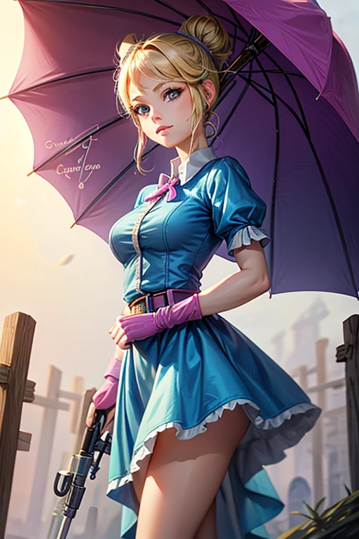 A girl with blonde hair wearing a blue dress and puffy sleeves, her hair is tied up in a bun. She is also wearing pink fingerless gloves, a pink belt, and blue footwear. The girl has a joyful expression on her face, with detailed and beautiful eyes, lips, and long eyelashes. The artwork is rendered in piperBS style, with high quality and ultra-detailed features. The colors are vivid and the lighting is balanced and natural. Carries a sniper umbrella, her umbrella is closed, her umbrella is a sniper.