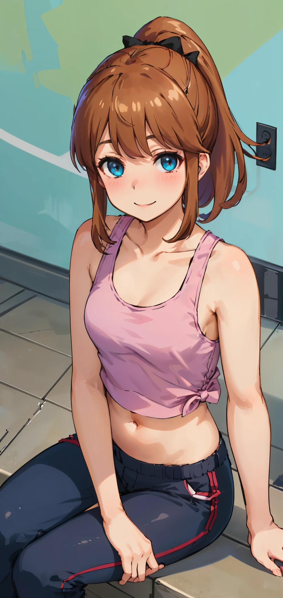 best quality, (masterpiece:1.2), highly detailed, standing, street,
1girl, solo, akatsuki minami,
looking at the viewer, smile, slight blush,
blue eyes, brown hair, ponytail, hair bow, sleeveless, (((cropped tank top, navel, sitting)))