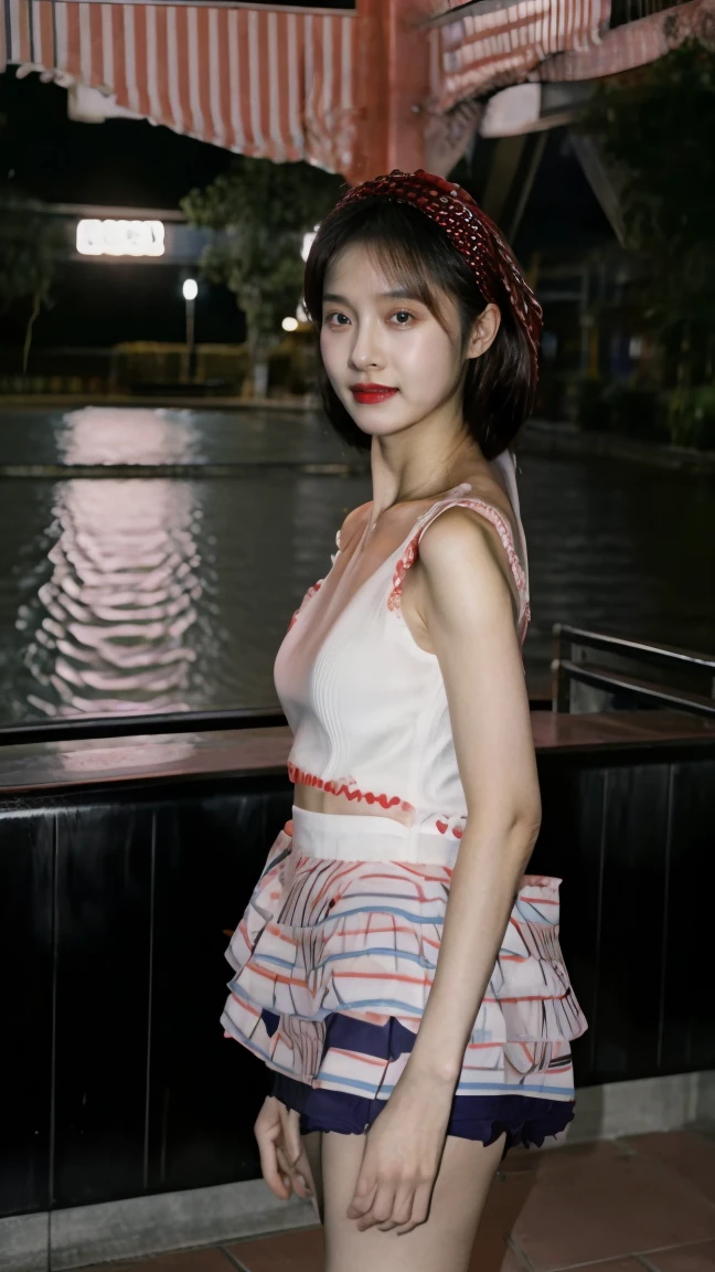 8K、Ultra HD resolution、Inspired by Liu Yan、movie stills、Dramatic、ridiculous、(best quality、Ultra HD resolution:1.3)、（original photo:1.5）、Standing by the river at night、searchlight、1 beautiful woman、35 years old、Fitness coach、Real People、Real face、With a baseball cap、Very detailed脸部细节、Exquisite eyes、smart eyes、Double eyelids、red puffy eyes、Fake laugh、Perfect body、toned muscles、Muscle lines、stylish fashion、(sophisticated fashion、complimentary colours、pattern、stripe、hollow、Lace、pattern)、Sexy miniskirt、Sexy long legs、Glamorous heels、Standing、Wet clothes、Very detailed，Detailed details、every detail、Ultra HD resolution、Natural Light