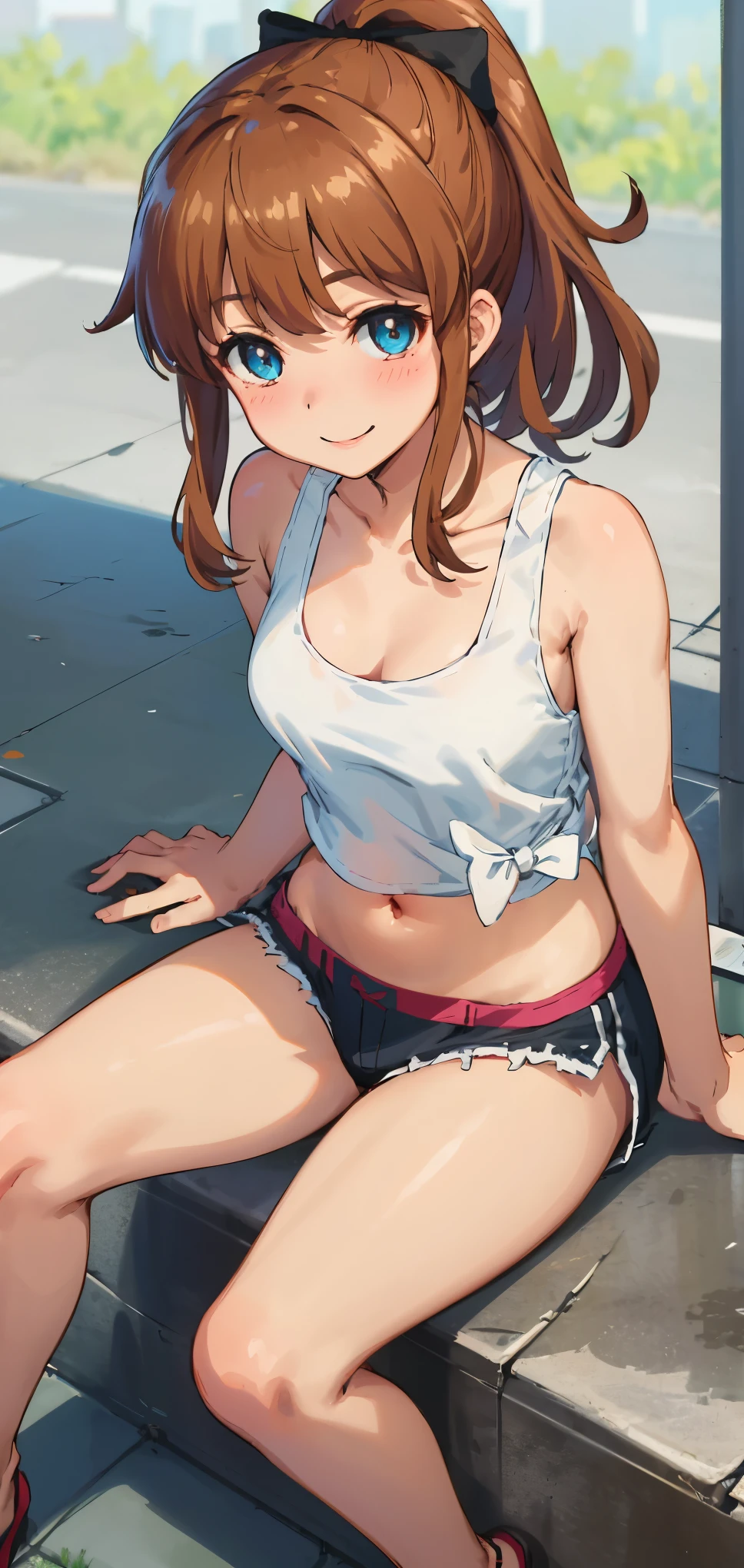 best quality, (masterpiece:1.2), highly detailed, standing, street,
1girl, solo, akatsuki minami,
looking at the viewer, smile, slight blush,
blue eyes, brown hair, ponytail, hair bow, sleeveless, (((cropped tank top, navel, sitting)))