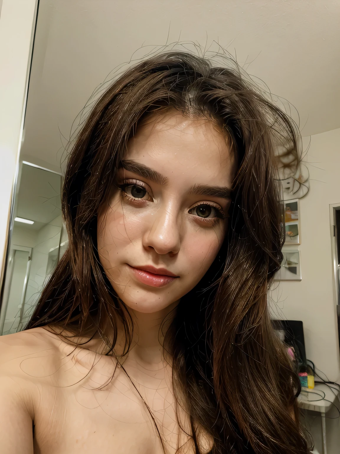 Girl in the room taking selfie in the mirror with a beautiful face