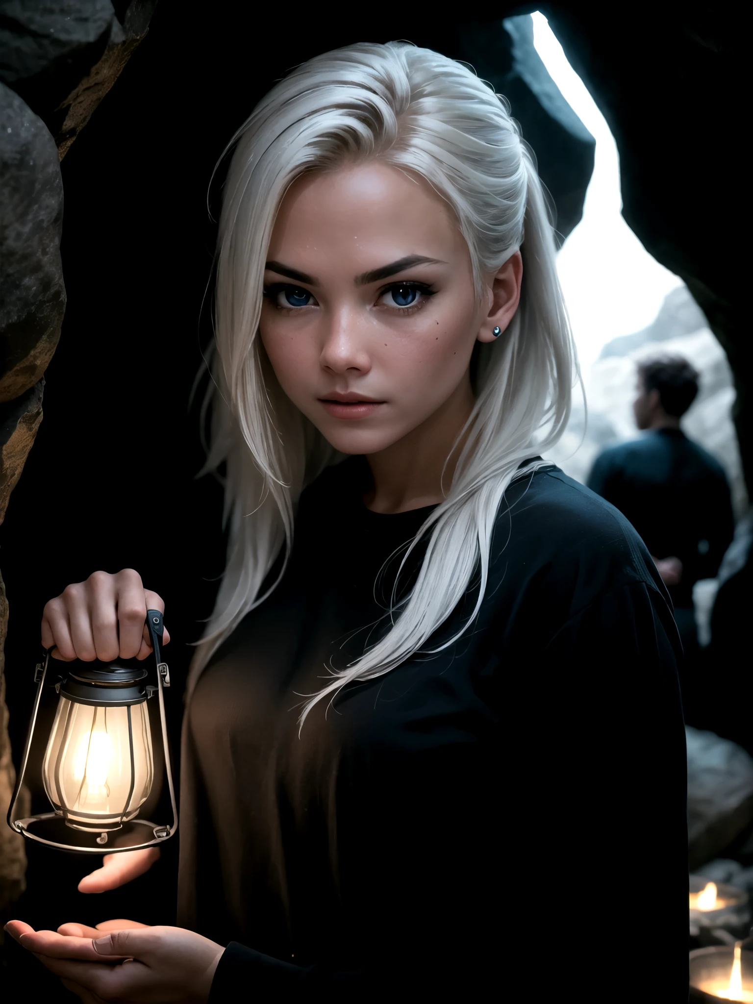 adventure girl wearing black shirt, BREAK, 1girl, super details long sleeve black shirt, looking at viewer, white hair, holding lamp, inside a cave, detailed face, cinematic angle, cinematic lighting, vignette, (realistic:1.3), best quality, superior quality, dark, despair, wandering in shadow, 