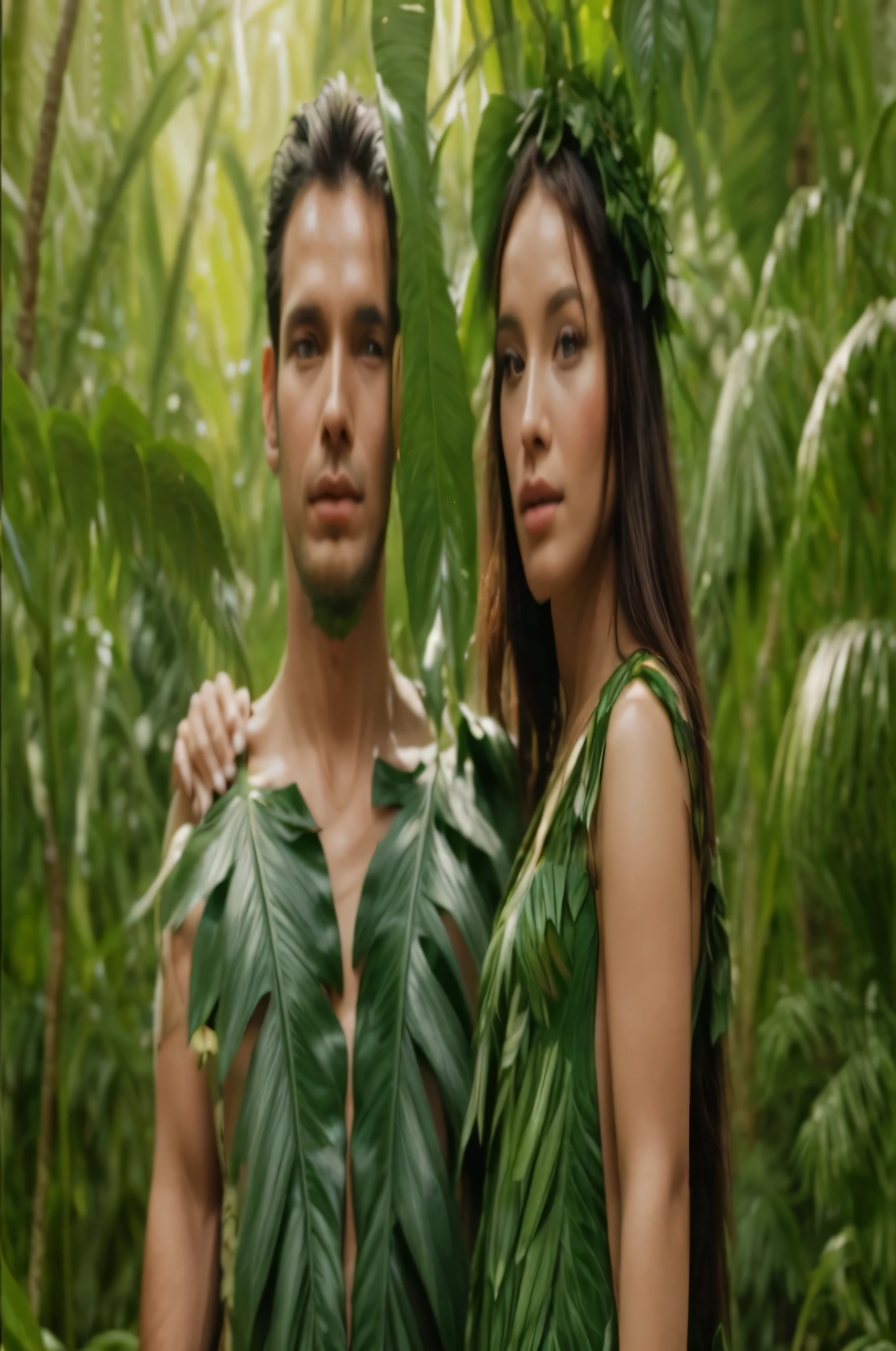 a man and a woman in a jungle with only green leaves covering their glasses, in an ambient jungle, in a jungle, jungles in the background, Adam and Eve, jungle in the background, in the jungle, in a rainforest, high quality image, in the background is a lush jungle, screenshot from a movie, in the jungle, jungle as a backdrop, dress made of green leaves