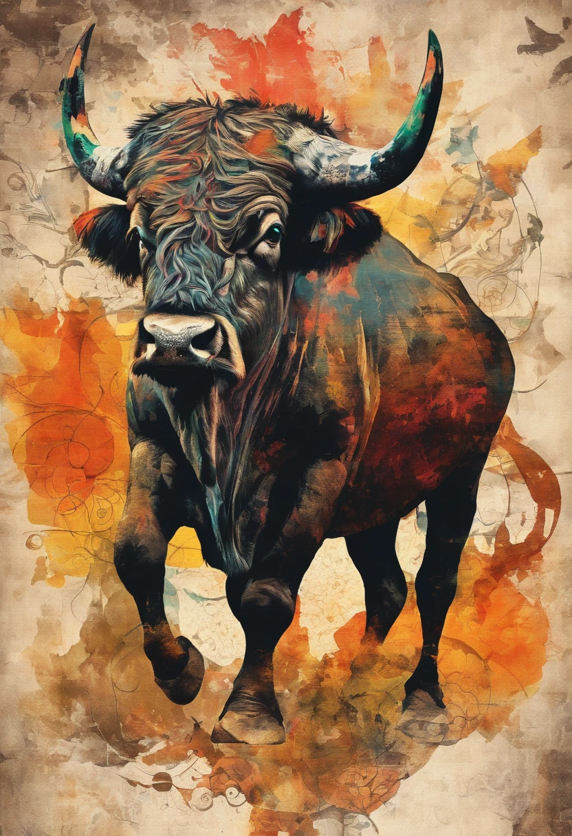 Taureau chargeant courant profil, scorched earth background ::2 colorful ink painting ::2 art fantasy