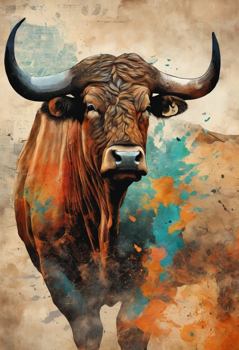 Taureau chargeant courant profil, scorched earth background ::2 colorful ink painting ::2 art fantasy