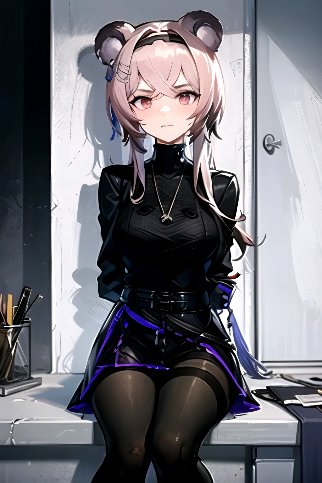highest quality, masterpiece, High resolution, one person in, {Rin_arknights:0.90}, 1 girl, black_dress, length_sleeve, looking for_in_viewer, white_background, cowboy_shot, simple_background, closed_mouth, ((hands tied behind)), ((arms behind back)), wide_sleeve, black_pantyhose, formal_alternine_costume, basement, concrete floor, concrete wall, underground room, scowl, sitting on the sofa,