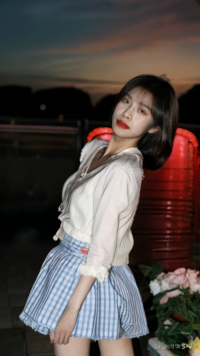 8K、Ultra HD resolution、Inspired by Liu Yan、movie stills、Dramatic、ridiculous、(best quality、Ultra HD resolution:1.3)、(original photo:1.5)、Standing by the river at night、searchlight、1 beautiful woman、35 years old、Fitness coach、Real People、Real face、With a baseball cap、Very detailed脸部细节、Exquisite eyes、smart eyes、Double eyelids、red puffy eyes、Fake laugh、Perfect body、toned muscles、Muscle lines、stylish fashion、(sophisticated fashion、complimentary colours、pattern、stripe、hollow、Lace、pattern)、Sexy miniskirt、Sexy long legs、Glamorous heels、Standing、Wet clothes、Very detailed,Detailed details、every detail、Ultra HD resolution、Natural Light