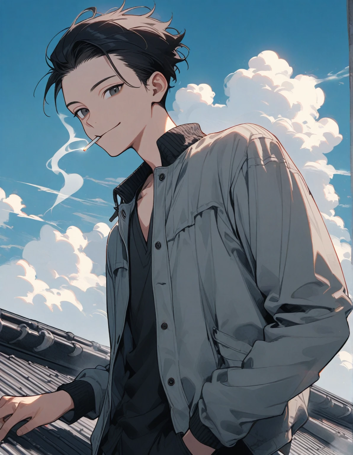 1 guy, teenager, looks at the viewer, black eyes, black hair, short slicked hair with a small bang, upper body, dressed in a gray jacket, jacket unbuttoned, long sleeves, stands on the roof, high, day, beautiful sky, clouds, light, smokes a cigarette, smoke, smile, gentle tones
