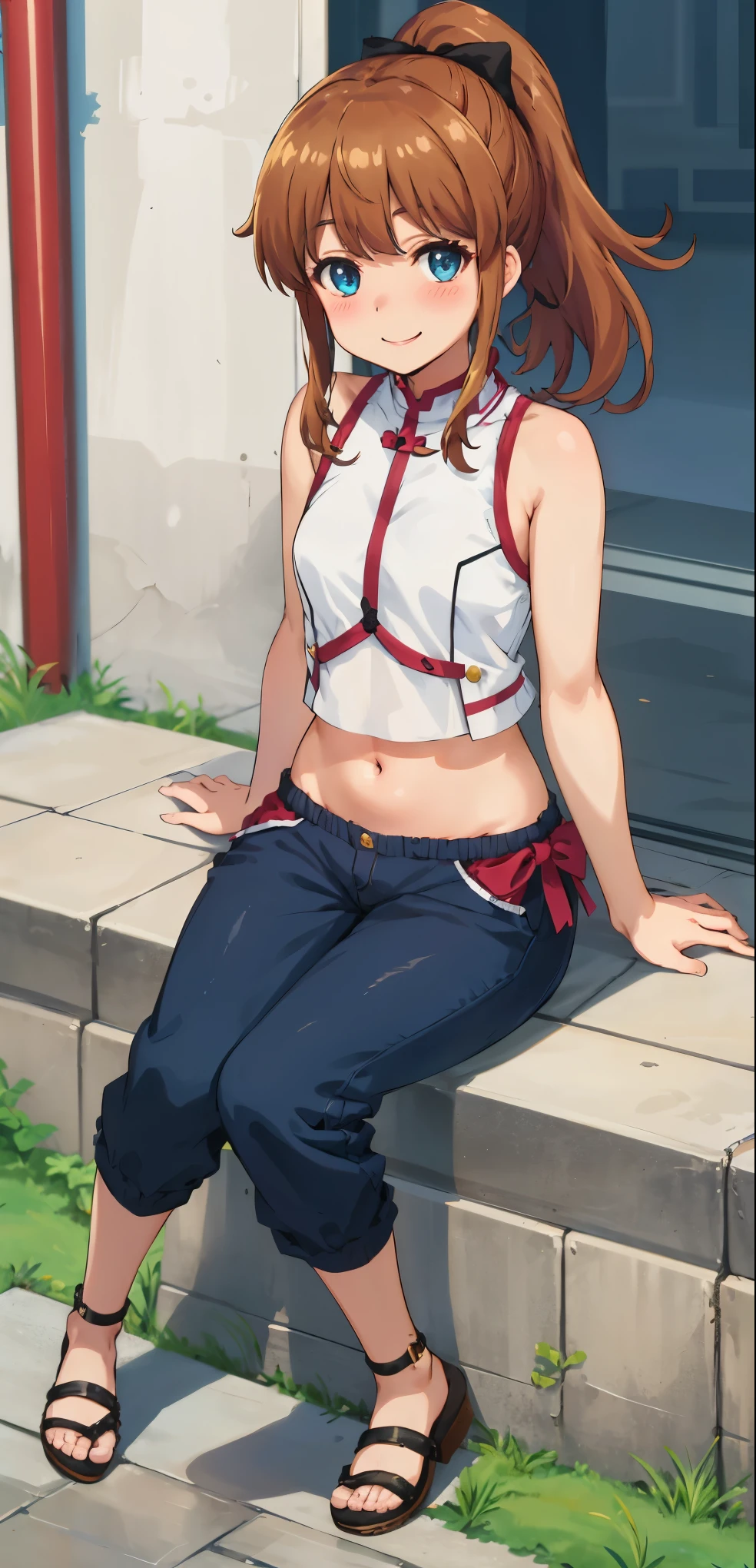 best quality, (masterpiece:1.2), highly detailed, standing, street,
1girl, solo, akatsuki minami,
looking at the viewer, smile, slight blush,
blue eyes, brown hair, ponytail, hair bow, sleeveless, (((navel, sitting)))