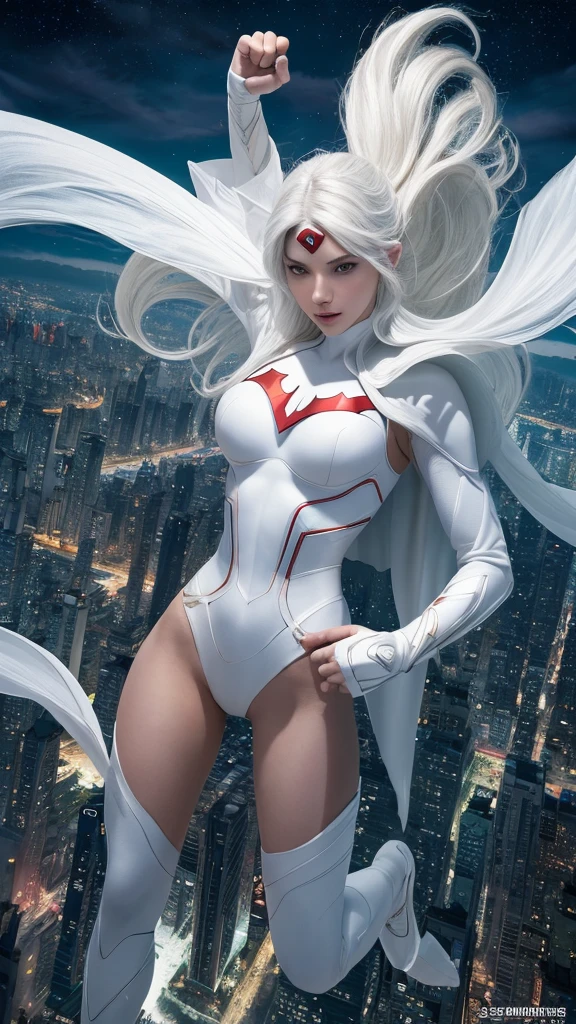 （obra-prima，4K resolution，Ultra foto realsisim，The is very detailed），（White superhero theme，glamoroso，there&#39;s a girl at the top of town，vestindo fantasia de Homem-Aranha，she is a superhero），[（（18 anos），（longos cabelos grisalhos：1.2），lesbian full body，（eOlhos azuis：1.2），（（Postura do Homem-Aranha），Mostrar poder，Jump from one building to another），（（ambiente urbano arenoso）：0.8）|（vista sobre a cidade，a noite，Full Dynamic Lightoon））] # ilustrado：The prompt mainly describes an ultra-high-definition 4K painting，muito realista，The is very detailed。It shows superheroines on top of the city，vestindo fantasia de Homem-Aranha。The theme of the painting is a white superhero theme，The heroine has long white hair，The entire figure is shown in the painting。In terms of portraying the actions of the superheroes,