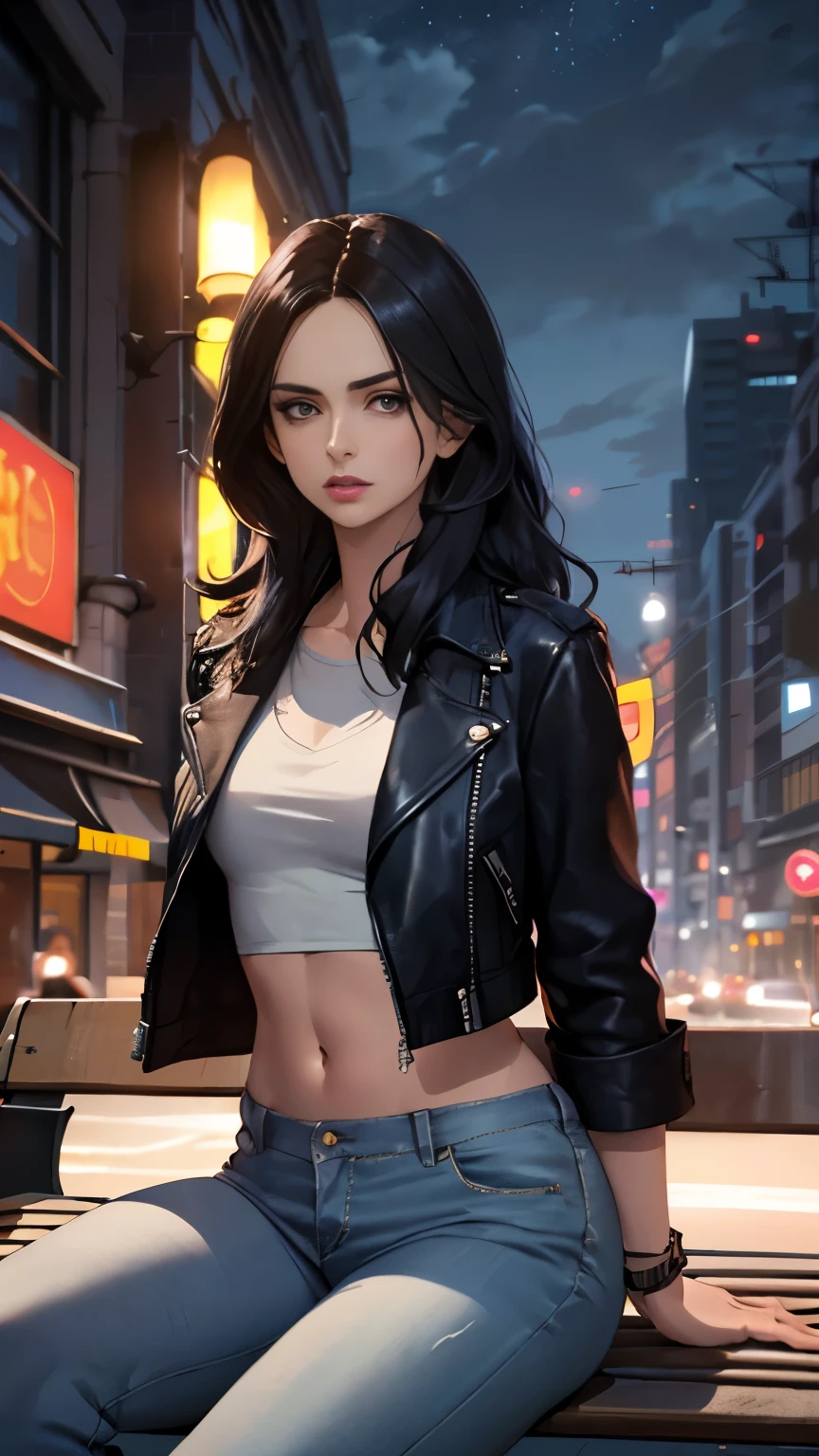 (Highly quality, masterpiece, detailed), night city detailed scenario, night city detailed background, solo, jessicajones, black hair, long hair, black leather jacket, jeans, white crop top, sitting on a bench, navel, perfect face, beautiful eyes, looking at the viewer, Sexy pose