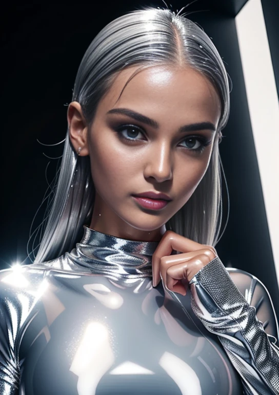 Beautiful woman in ultra shiny silver clothes, straight flat wet look silver hair, full body view, abs, legs, belly button, crop top, Schminke, (glossy lips: 1.4), he-res, 8K