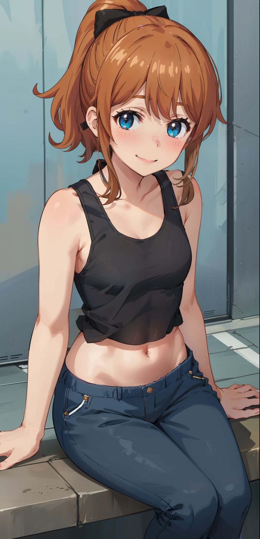 best quality, (masterpiece:1.2), highly detailed, standing, street,
1girl, solo, akatsuki minami,
looking at the viewer, smile, slight blush,
blue eyes, brown hair, ponytail, hair bow, sleeveless, (((cropped tank top, navel, sitting)))