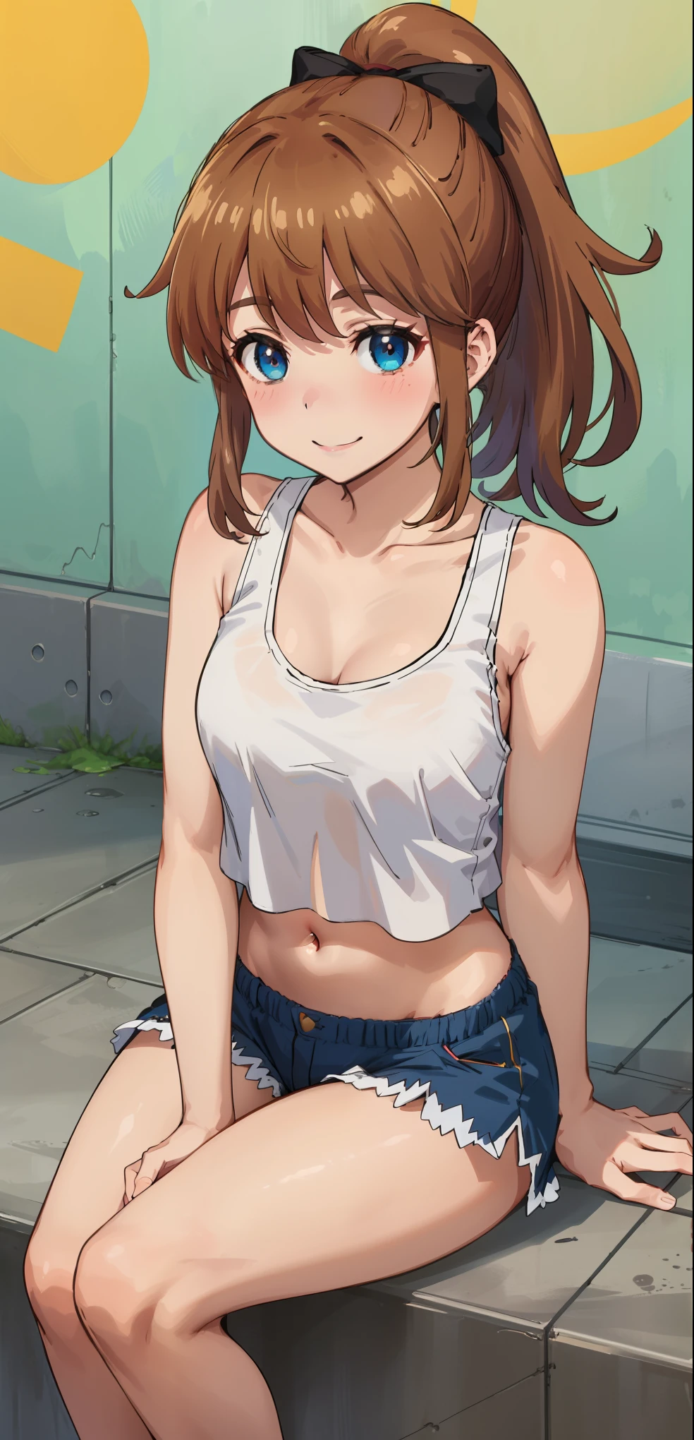 best quality, (masterpiece:1.2), highly detailed, standing, street,
1girl, solo, akatsuki minami,
looking at the viewer, smile, slight blush,
blue eyes, brown hair, ponytail, hair bow, sleeveless, (((cropped tank top, navel, sitting)))